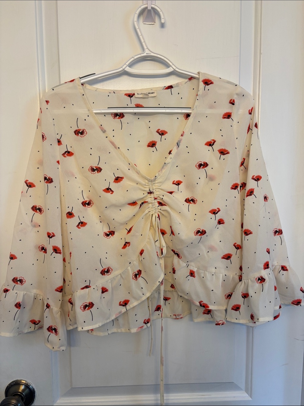 Drawstring V-Neck Floral Blouse — Cream with Red Poppies